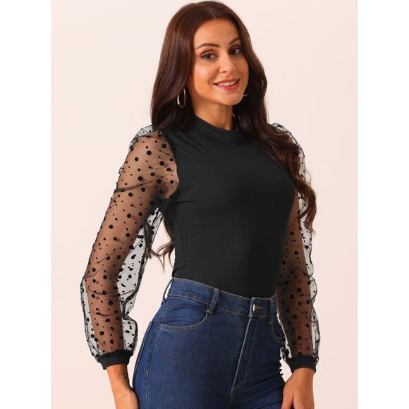 Mock Neck Bodysuit Long Mesh Sheer Sleeve Fit Bodysuits Black - Picture 3 of 5